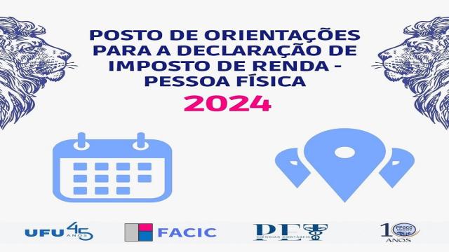 Na imagem, um fundo branco com escrito em azul: 'Posto de Orientações para a Declaração de Imposto de Renda - Pessoa Física 2024'