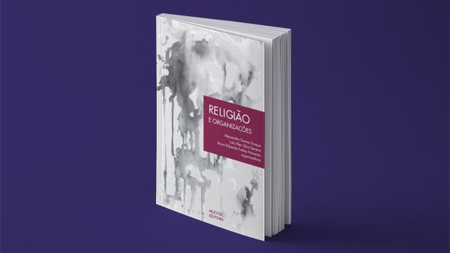 Imagem, em fundo roxo, destacando a capa do livro 'Religião e Organizações'