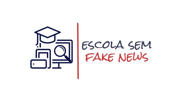 Arte da logomarca do projeto, com a inscrição ‘Escola Sem Fake News’