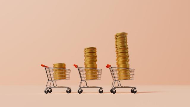 Ilustração com três carrinhos de supermercado perfilados; eles estão com moedas empilhadas, sendo o mais à direita com maior quantidade delas