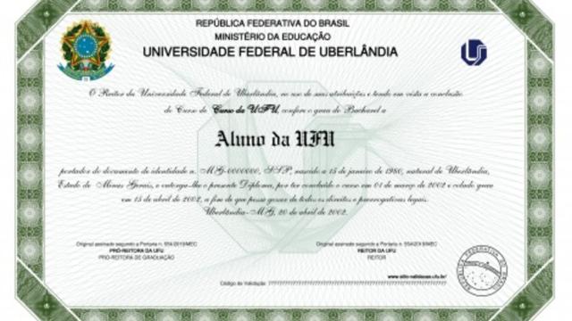 Modelo de diploma digital emitido pela UFU