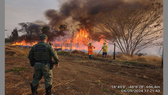 Imagem de homem fardado, de costas, observando ação de combate a um incêndio em área rural