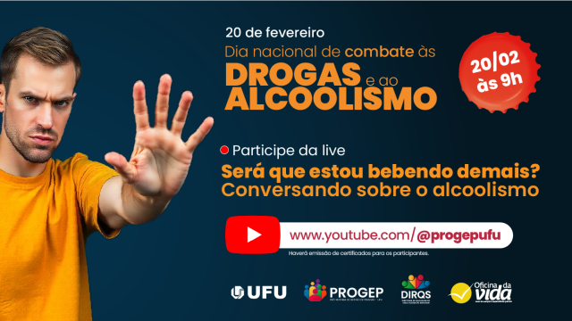 Arte sobre o 'Dia Nacional de Combate às Drogas e ao Alcoolismo" e informações a respeito da live 'Será que estou bebendo demais? Conversando sobre o alcoolismo'