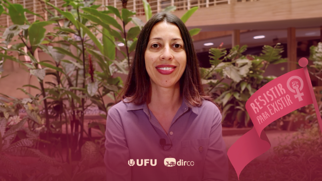 Foto de Catarina Azeredo, sorrindo. A imagem contém um filtro com as logos da UFU e da Dirco e o selo da campanha 'Resistir para Existir'