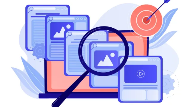 Computador com abas de temas diversos abertos, uma lupa sobre as abas e um alvo com flecha fincada ao seu meio