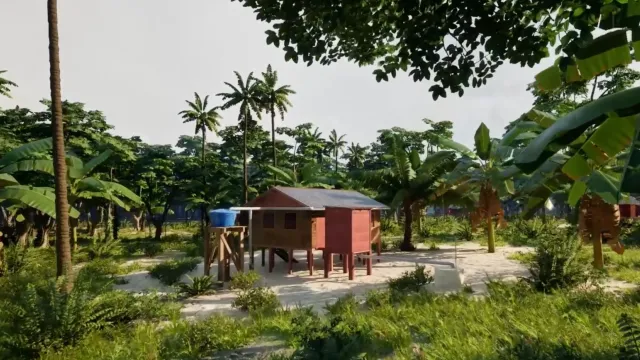 Trecho de vídeo ambientado em cenário fotorrealista da Floresta Amazônica, representando, com precisão, a implantação da tecnologia nas comunidades beneficiadas (Imagem: GRVA/UFU)