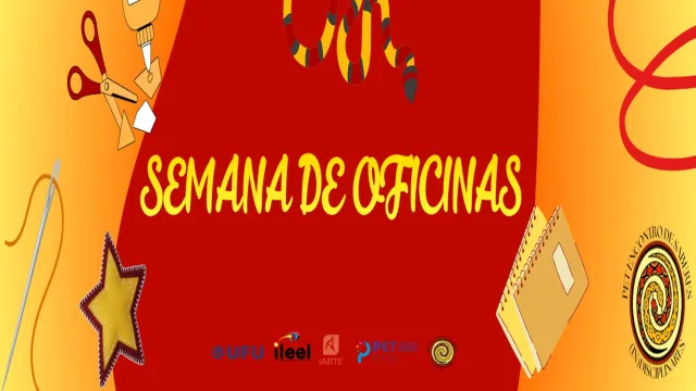 Arte da atividade Semana de Oficinas nas cores amarela e vermelha 