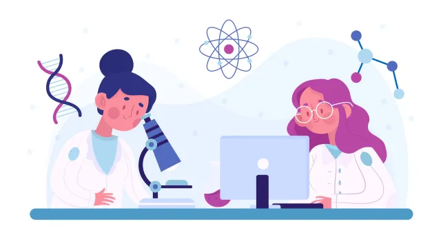 Ilustração de duas cientistas trabalhando