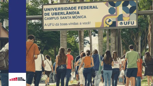 Imagem vintage da Entrada do Campus Santa Mônica da UFU e a logo do Ranking CWUR