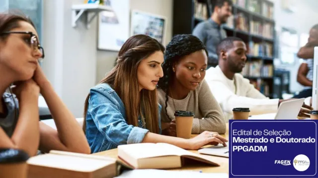 Arte de divulgação, com imagem de um grupo de estudantes em uma biblioteca