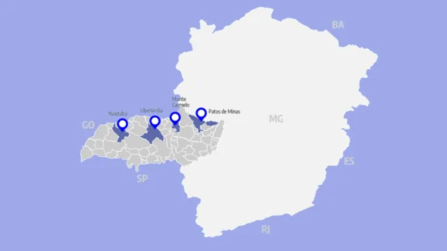 Mapa do estado de Minas Gerais com as quatro cidades com campus da UFU