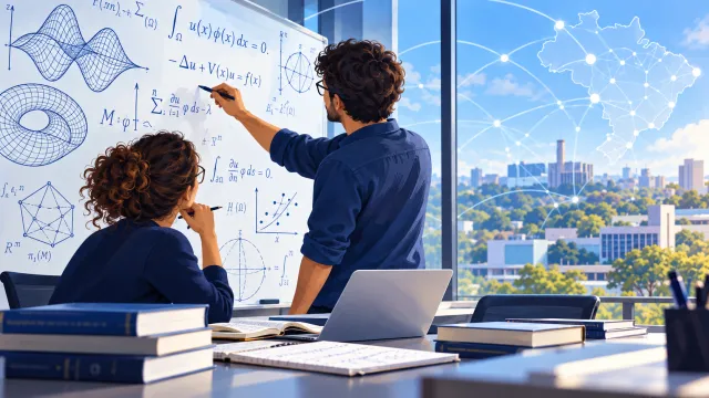 Dois estudantes de doutorado em Matemática observam quadro de atividades em sala