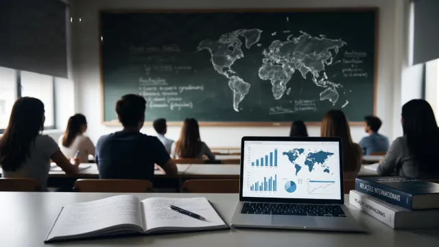 Estudantes observam quadro com mapa 